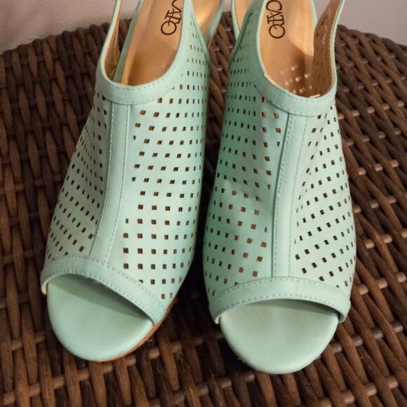 Cato Pastel Mint Green Peep Toe Cork Platform Wedges Women's 8 Beachy Boho - Picture 3 of 10